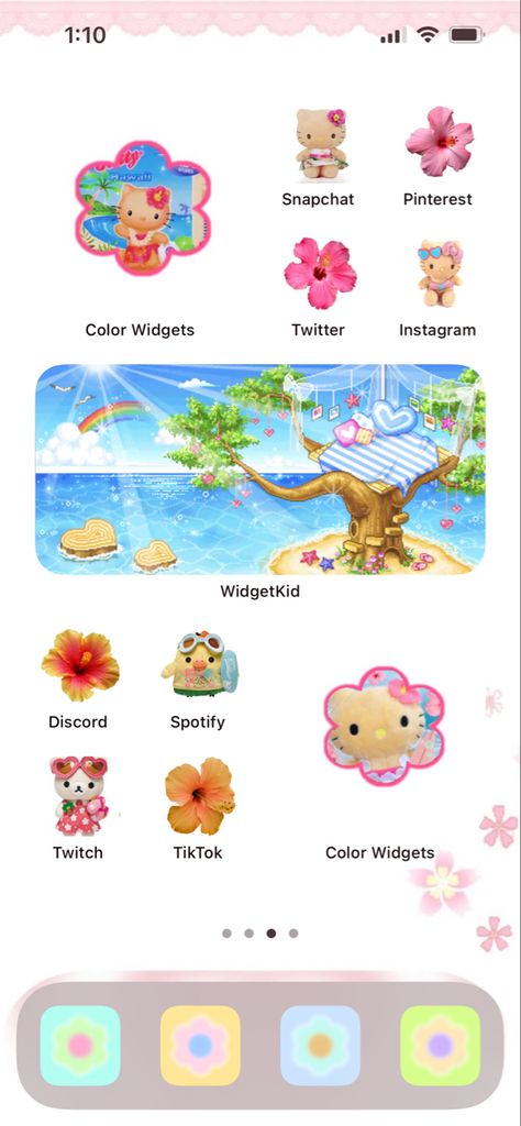 Tropical Iphone Layout, Tropical Phone Theme, Iphone Ios 16 Layout Ideas, Tropical Home Screen, Phone Themes Summer, Summer Phone Layout, Tropical Hello Kitty, Summer Homescreen, Lockscreen Ideas