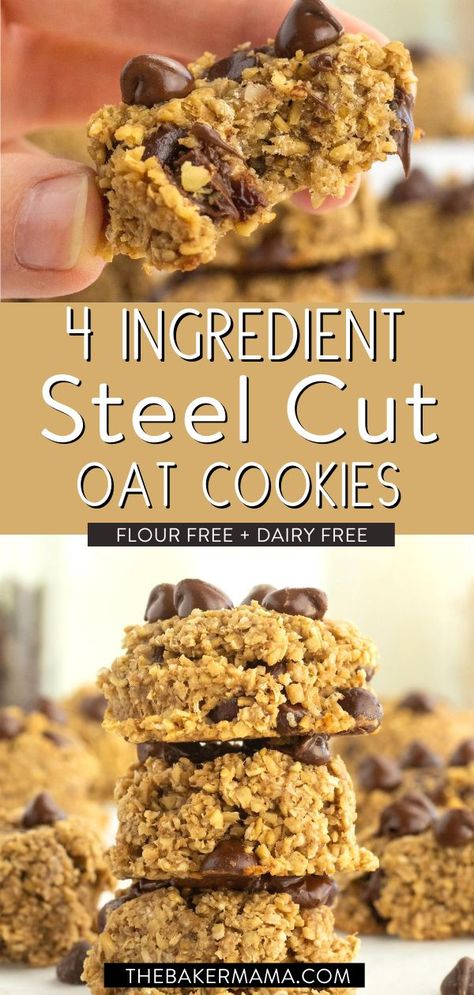 Dense, chewy and incredibly delicious, these 4-Ingredient Steel Cut Oat Cookies just might be the perfect flourless cookie! My 4-Ingredient Steel Cut Oat Cookies might just be the perfect flourless cookie. They’re flour-free, dairy-free and absolutely incredible! There’s no added white or brown sugar, salt, baking powder, specialty gluten-free flours or coconut oil in these treats. And they taste delicious! Better yet, they’re so easy to make. Steal Cut Oats Recipes, Steel Cut Oat Muffins, Steel Cut Oatmeal Cookies, Flourless Oatmeal Cookies, Healthy Oat Cookies, Steel Cut Oatmeal Recipes, Oat Chocolate Chip Cookies, I Lost 100 Pounds, Oat Cookie Recipe