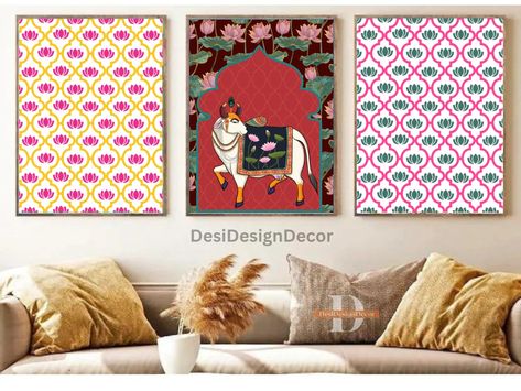 Indian folk Art, Set of 3 Printable, Pichwai cow, pichwai painting, pichwai lotus , India wall art decor, Vibrant Print ,Lotus Pond Pichwai Lotus, Pichwai Cow, Pichwai Painting, Pichwai Paintings, Lotus Pond, Indian Folk Art, Art Set Of 3, Outdoor Wall Decor, Outdoor Walls