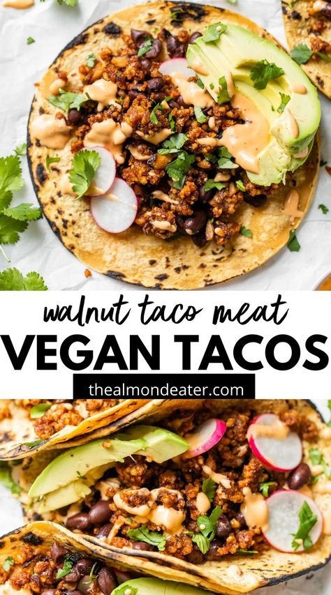 Walnut Tacos, Walnut Taco Meat, Meatless Taco, Vegan Tacos Recipes, Vegan Tacos Meat, Vegan Ground Beef, Lentil Tacos, Taco Meat Recipes, Vegetarian Tacos