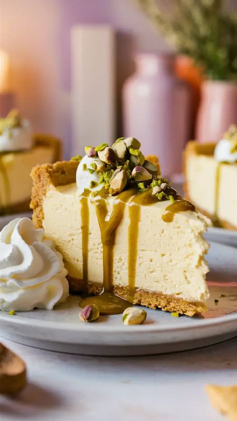 The Most Delicious Pistachio Cheesecake Recipe White Chocolate Pistachio Cheesecake, Honey Pistachio Cheesecake, Cheesecake Recipes Pistachio, Pistachio Pudding Cheesecake, Pistachio Ricotta Cheesecake, Easy Pistachio Cheesecake, Alcohol Cheesecake, No Bake Pistachio Cheesecake, Pistachio Dacquoise