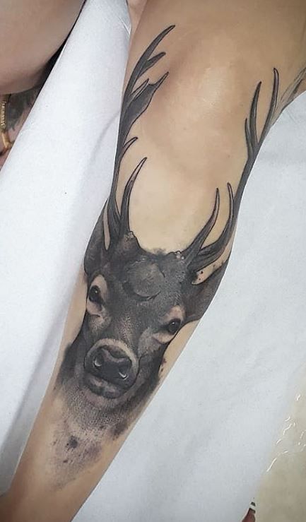 Deer Cover Up Tattoo, Deer Skull Knee Tattoo, Deer Tattoos, Deer Skull Tattoos, Deer Tattoo Designs, Game Tattoo, Tattoo Homme, Stag Tattoo, Hunting Tattoos