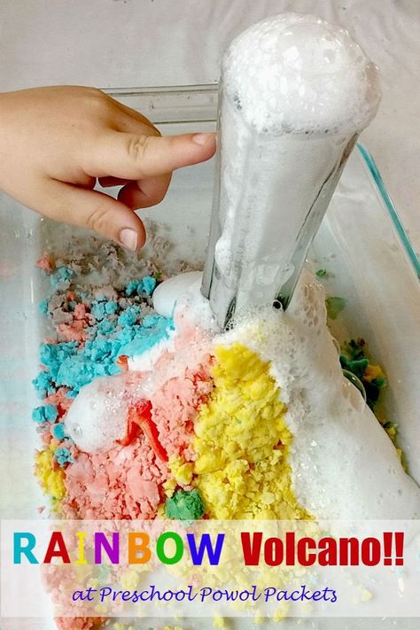 Preschool Science: Rainbow Volcano | Preschool Powol Packets Volcano Preschool, Rainbow Volcano, Rainbow Activities, Science Experiments For Preschoolers, Preschool Projects, Science Quotes, Color Explosion, Fall Preschool, Science Activities For Kids