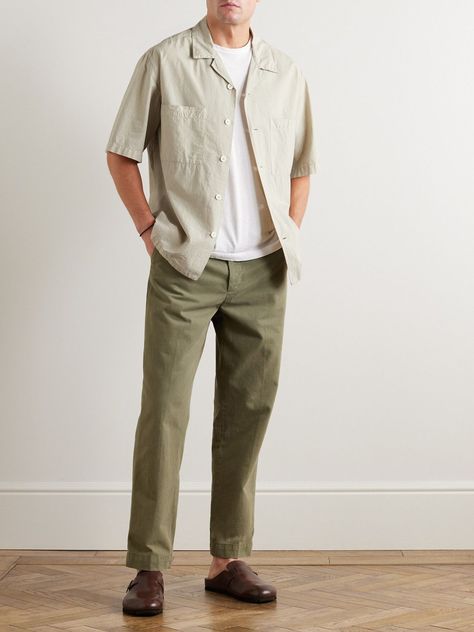 Barena - Solana Camp-Collar Cotton Shirt- #Barena #CampCollar #Cotton #Shirt #Solana Check more at https://howcandothis.com/manstyle/barena-solana-camp-collar-cotton-shirt/ Mens Fashion Short Sleeve Button Up, Mens Fashion Business Casual Summer, Navy Olive Outfit, Tank With Button Up Shirt, Summer Work Outfit Men, How To Style Green Linen Pants, Chino Mens Outfit, Men’s Summer Work Outfits 2024, Men’s Simple Style