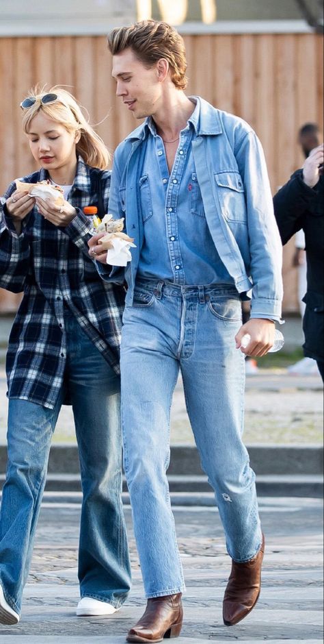 Austin Butler Denim, Men Outfits With Boots, Men All Denim Outfit, Austin Butler Style 2023, Austin Butler Style Outfits, Austin Texas Mens Style, Texas Mens Fashion, Tecovas Boots Mens Outfit, City Cowboy Style Men