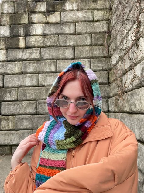 Scrap Scarf Crochet, Scrap Scarf, Scrap Yarn Scarf, Funky Scarves, Scrap Yarn Crochet, Scarf Yarn, Hooded Scarf, Scarf Crochet Pattern, Scarf Pattern