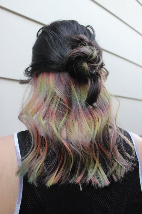 Rainbow hair Colored Halo Hair, Rainbow Halo Hair, Halo Colored Hair, Halo Hair Dye, Halo Hair Dye Style, Halo Hair Color, Halo Hair Colors, Hair Wishlist, Pastel Rainbow Hair