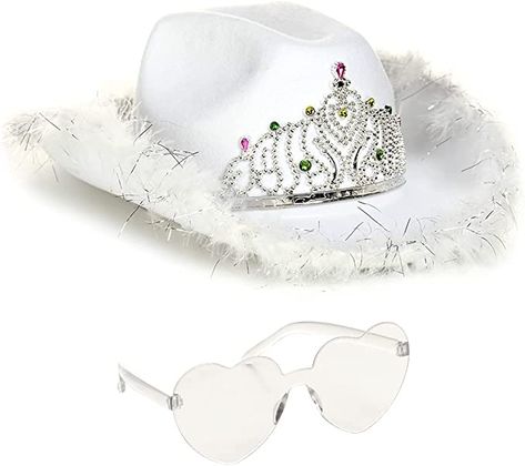 Amazon.com: Funcredible White Cowgirl Hat with Heart Glasses - White Cowboy Hat with Tiara Crown - Halloween Cow Girl Costume Accessories - Fun Rodeo Party Hats and Goggles for Women, Girls and Kids : Clothing, Shoes & Jewelry Cowgirl Dress Up, White Cowgirl Hat, Halloween Cow, White Cowboy Hat, Black Tiara, Glasses White, Rodeo Party, Transparent Sunglasses, Black Cowboy Hat