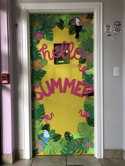 Tropical Hallway Decor, Tropical Jungle Classroom Theme, Aloha Classroom Door, Hawaii Door Decorations Classroom, Summer Decorations For Office, Summer Office Decorations Diy, Summer Class Decorations, Hawaiian Theme Classroom Door, Hawaiian Classroom Decorations