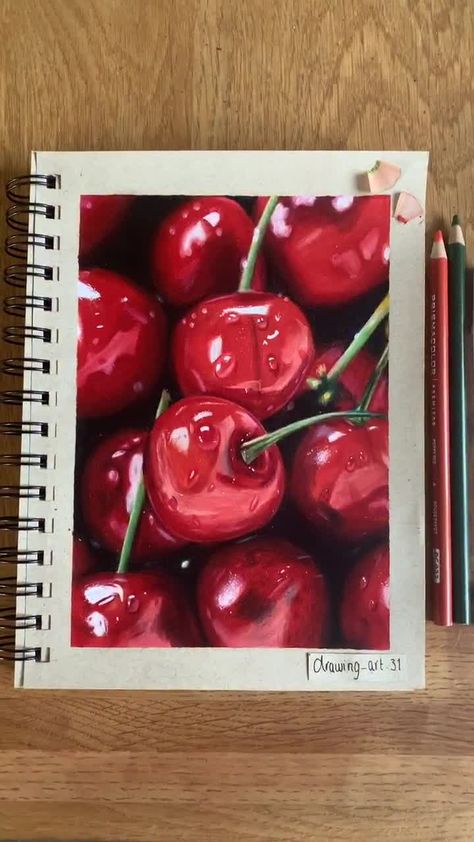 Cherry Drawing, Fruit Art Drawings, Colored Pencil Art Projects, Citate Harry Potter, Prismacolor Art, Fruits Drawing, Realistic Pencil Drawings, Colored Pencil Artwork, Realism Art