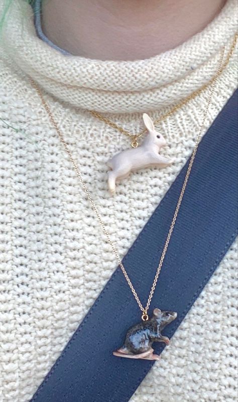 cute rabbit and rat necklaces <3 jewelry aesthetic , rabits , bunnies , necklace aesthetic , rabbit necklace , rat necklace Rat Necklace, Aesthetic Rabbit, Rat Jewellery, Rabbit Necklace, Necklace Aesthetic, Bunny Necklace, Jewelry Aesthetic, Ceramics Pottery Art, Stilts