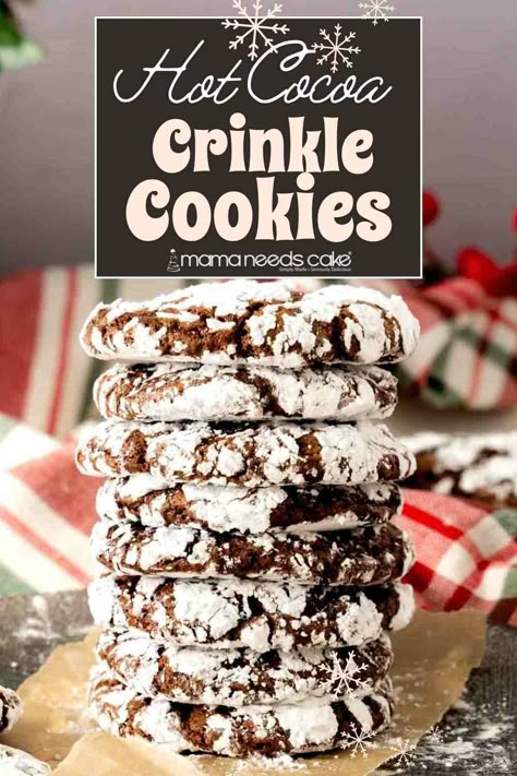 These hot cocoa crinkle cookies are fudgy cookies that taste like brownies and are made with hot cocoa mix and cocoa powder. Wife Recipes, Fudgy Cookies, Chocolate Crinkle Cookies Recipe, Soft Chocolate Cookie, Crinkle Cookies Recipe, Hot Cocoa Cookies, Chocolate Crinkle, Chewy Chocolate Cookies, Christmas Cookie Recipe