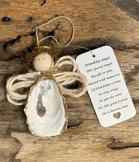 Oyster Shell Friendship Angel Ornament - Etsy Canada Oyster Angel Ornament, Thumbprint Angels, Angel Oyster Shell Ornament, Oyster Shell Angel Ornaments, Angel Ornaments To Make, Oyster Artwork, Oyster Ideas, Seashell Angels, Sea Ornaments