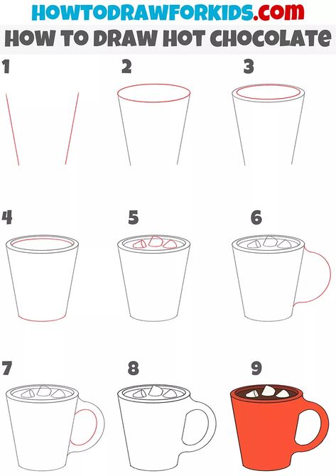 How To Draw Hot Chocolate, Hot Chocolate Doodle, Draw Hot Chocolate, Chocolate Sketch, Hot Chocolate Drawing, Drinks Drawing, Milk Drawing, Daily Routine Kids, Chocolate Drawing