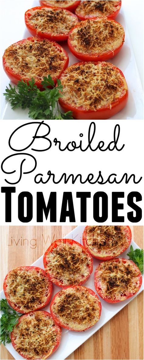 Broiled Parmesan Tomatoes are a super simple summer side dish that only needs five ingredients and takes less than 15 minutes start to finish Broiled Tomatoes, Low Calorie Sides, Parmesan Tomatoes, Tomato Side Dishes, Veggie Side Dish Recipes, Homemade Sauce Recipes, Summer Side Dish, Healthy Low Calorie Meals, Clean And Delicious