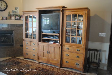 Better in Black - Wall Unit Makeover! - Classy Clutter Wall Unit Makeover, Brown Paint Walls, Painted Entertainment Centers, Oak Entertainment Center, Black Entertainment Centers, Grey Painted Walls, Large Entertainment Center, Old Entertainment Centers, Diy Furniture Restoration