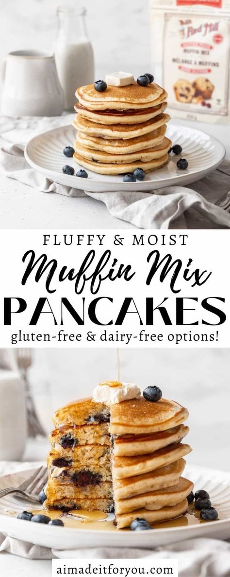 Whether you're craving a scrumptiously quick breakfast or a delightful weekend brunch, these easy Muffin Mix Pancakes are sure to satisfy your cravings. With endless flavor possibilities and simple tweaks to suit your taste, there's a little something for everyone! So, go grab a box of muffin mix, add your favorite mix-ins, and start flipping those fluffy pancakes. Don't forget to share your delicious creations with me on social and spread the pancake love! Muffin Mix Pancakes, Pancake Mix Muffins, Pancakes Vegan, Moist Muffins, Vegan Milk, Vegan Pancakes, Muffin Mix, Fluffy Pancakes, Dairy Free Options