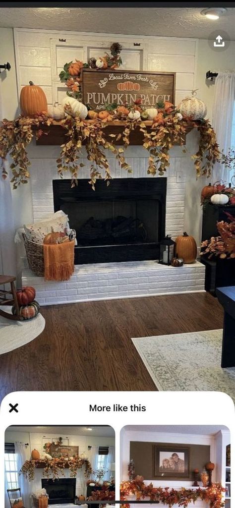 Brick Fireplace Fall Decorations, Fireplace Decor Family Picture, Pumpkins On Fireplace Hearth, Fall Decor Mantle Ideas, Neutral Fall Home Decor Ideas, Fall Fireplace Mantel Decorating Ideas Wreaths & Garlands, Fall Fireplace Decor Mantles Neutral, Fireplace Fall Decorating Ideas With Tv, Fall Thanksgiving Mantle Decor