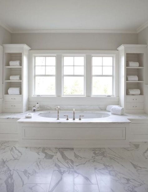 Milton Development: Master bathroom with wood paneled drop-tub flanked by cabinets, gray paint color and ... Drop In Tub Ideas, Marble Bathroom Floor, Drop In Tub, Tub Ideas, Bad Inspiration, Master Bath Remodel, Marble Flooring, Bathroom Tub, Dream Bathrooms