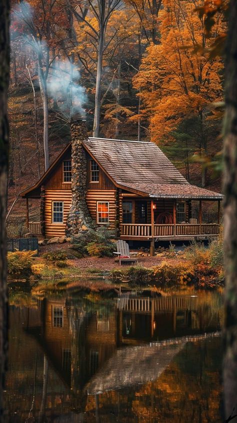 Rustic wooden cabin by the lake surrounded by colorful autumn trees, reflecting in the water, creating a peaceful and picturesque scene in the forest.

Share Fantasy Cabin, Cabin By The Lake, Cabin Style Homes, Wooden Cabin, Cabin Aesthetic, Enchanting Forest, Cabin In The Mountains, Forest Cabin, Autumn Foliage