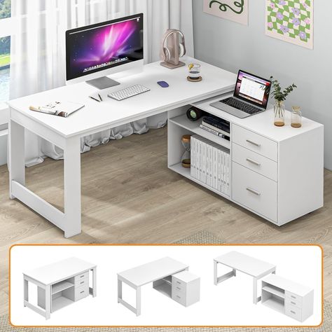 PRICES MAY VARY. Large L Shaped Desk: This white L-shaped desk offers a generous amount of workspace, making it suitable for a range of office supplies, such as monitors, table lamps, books, and files. The corner desk stands at 29.5" high, offering generous legroom. Desk dimensions: 55"L x 23.6"W x 29.5"H. Storage File Cabinet: Equipped with 2 open shelves, 2 large drawers, and 1 file drawer, this cabinet is the perfect solution for storing hanging A4 or letter-size files and personal belongings L Shaped Desk With Drawers, Large L Shaped Desk, White L Shaped Desk, Desk Stands, L Shaped Corner Desk, File Cabinet Desk, Desk Dimensions, Executive Office Desk, Corner Computer Desk