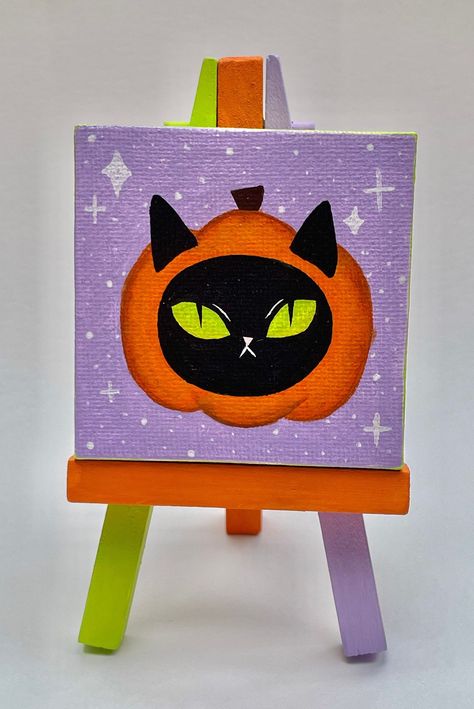 Simple Halloween Paintings On Canvas, Cat Canvas Painting, Painting Techniques Canvas, Mini Tela, Halloween Canvas Art, Canvas Painting Projects, Canvas Art Painting Acrylic, Fall Canvas Painting, Painted Cat