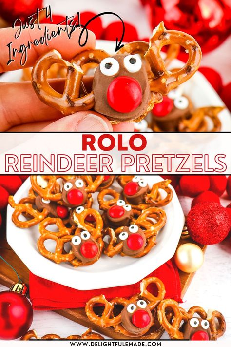 EASY Reindeer Pretzels | 4 Ingredient Rolo Pretzel Reindeer Rolos Pretzels, Reindeer Pretzels, Pretzel Reindeer, Edible Reindeer, Easy Christmas Treat, Easy Holiday Snacks, Rolo Pretzel, Easy Holiday Baking, Rice Krispie Treats Christmas