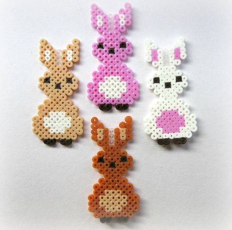 Kawaii Cute Hama/Pearler Bead Bunnies by EtsyPelemele Easter Hama Beads, Beading For Kids, Fuse Bead Patterns, Hama Beads Design, Perler Crafts, Motifs Perler, Hama Beads Patterns, Diy Perler Beads, Melting Beads