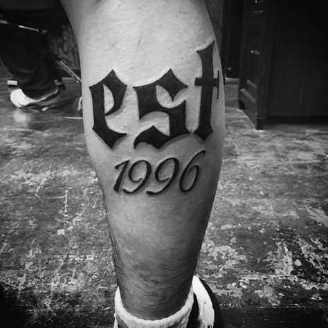 Mens Leg Calf Old English Est 1996 Tattoo Est 1996 Tattoo, Birth Year Tattoo Men, 2003 Tattoo Ideas, Est Tattoo, 1996 Tattoo, 2003 Tattoo, Est Tattoos, Est. Tattoo, Small Chest Tattoos