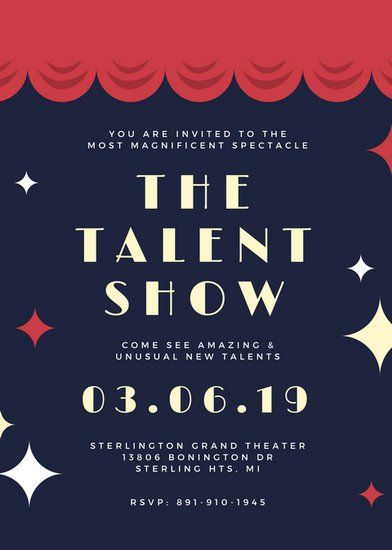 Navy Red Curtains Talent Show Invitation Portait Talent Show Poster, Oscar Party Decorations, Family Reunion Activities, Landscape Design Software, Jewelry Logo Design, Film Poster Design, Online Logo Design, Event Poster Design, Simple Graphic