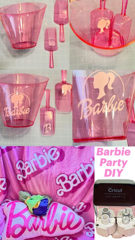 Dollar tree pink bins with cricut light pink vinyl cutout of Barbie head and logo with Barbie logo blanket and pillow and froggy curled up sleeping Silverware Holder Diy, Barbie Party Diy, Barbie Diy Party Decorations, Barbie Bday, Silverware Holder, Barbie Birthday Party, Barbie Birthday, Barbie Party, Barbie Diy