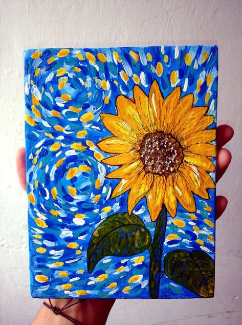 Van Gogh Easy Drawing, Starry Night And Sunflowers, Easy Van Gogh Painting, How To Paint Van Gogh, Pinturas Van Gogh, Simple Starry Night, Van Gogh Inspired Paintings, Pintura Van Gogh, Starry Night Inspired Art