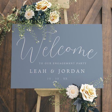 Elegant Dusty Blue Script Engagement Party Welcome Foam Board Sage Green Engagement Party, Engagement Party Welcome Sign, Green Calligraphy, White Engagement Party, Backyard Engagement Parties, Gold Engagement Party, Engagement Party Themes, Engagement Themes, Elegant Engagement Party