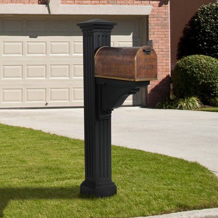 With a truly classic look, the Manchester mail post adds an authentic architectural element to any home. The fluted post design, detailed molding around the cap, and scrolling curve on the support arm combine perfectly to create a beautiful finished product. Size: 58 x 8.5 x 26.5. Color: Black. White Mailbox, Copper Mailbox, Mailbox Monogram, Black Mailbox, Large Mailbox, Post Sleeve, Dentil Moulding, Mailbox Posts, Mailbox Post