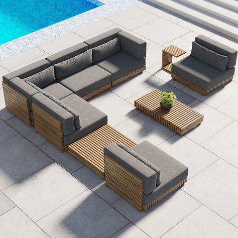 9 Pieces Teak Modular Outdoor Patio Sectional Sofa Set with Coffee Table and Cushion Restoration Hardware Outdoor Furniture, Restoration Hardware Outdoor, Outdoor Patio Sectional, Modern Outdoor Patio, Patio Sectional, Conversation Set Patio, Architectural Features, Outdoor Oasis, Patio Set