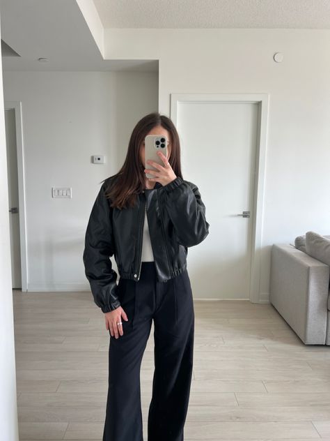 Leather bomber jacket, cropped jacket, petite pants, black pants, black boots, neutral fashion, white bodysuit Outfit Inspo Petite, Petite Fall Outfits, Petite Fall Fashion, Sloane Tailored Pant, Leather Jacket Girl, Extra Petite, Fashion Petite, Petite Jacket, Tailored Pants