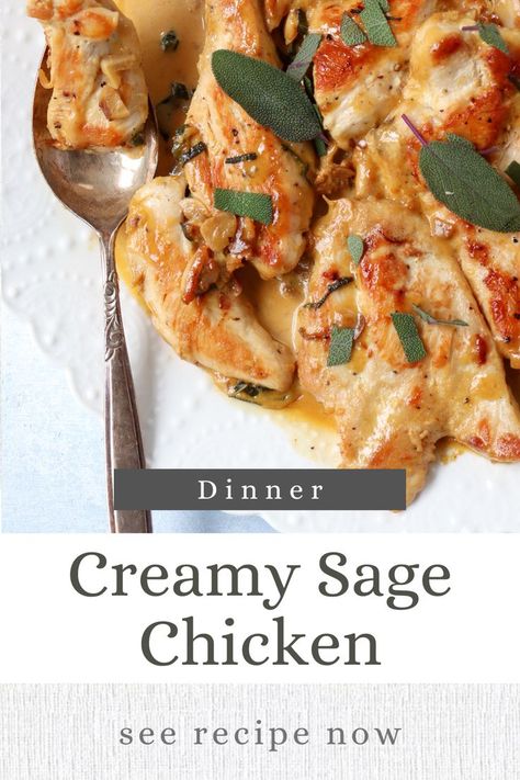 Need an easy dinner recipe tonight? 🍗 🍝 Check out this Creamy Sage Chicken Recipe! It's guaranteed to be a hit with the family, made with pantry-staples in under an hour. Tap to read and get cooking! Sage And Chicken Recipes, Dinner Recipes With Sage, Chicken With Sage Recipes, Chicken Sage Recipes, Sage Herb Recipes, Recipe With Sage, Sage Chicken Recipes, Recipes Using Fresh Sage, Recipes With Fresh Sage