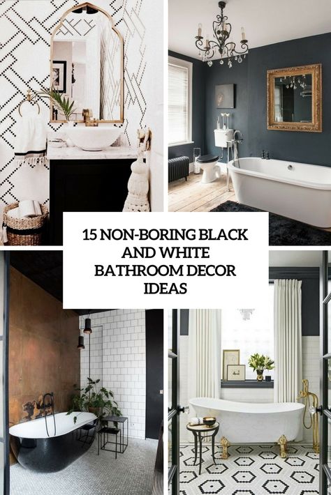 non boring black and white bathroom decor ideas cover Black Floors White Walls Bathroom, Black Bathroom With White Tile, Modern Monochrome Bathroom, Black Paint Bathroom Ideas, Black Bathroom Aesthetic Modern, Black And White Ensuite Ideas, Black And White Theme Bathroom, Black And White Main Bathroom, Master Bathrooms Black And White