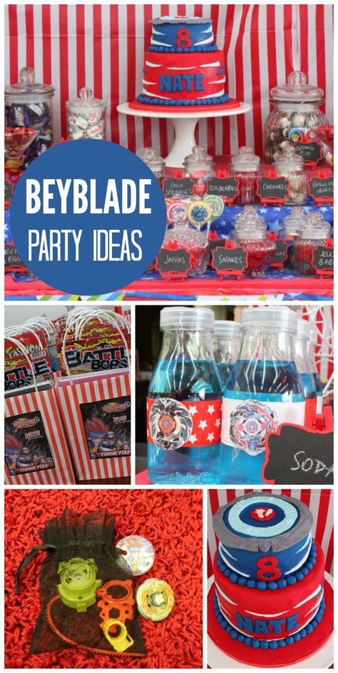 A Beyblade tournament for a boy birthday party with a fun cake and party favors!  See more party ideas at CatchMyParty.com! Beyblade Party Favors, Bey Blades Birthday Party Ideas, Beyblade Party Ideas, Beyblade Tournament, Beyblade Birthday Party, Beyblade Birthday, 18th Birthday Party Themes, Cake Favors, Birthday Party Images