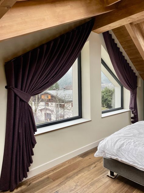 Angled-Window-Curtains-4 Curtains On Angled Ceiling, Angle Window Curtains, Angled Window Curtains, Slanted Window Curtains, Curtains For Angled Windows, Sloped Ceiling Bedroom, Luxury Windows, Angled Ceiling, Yellow House