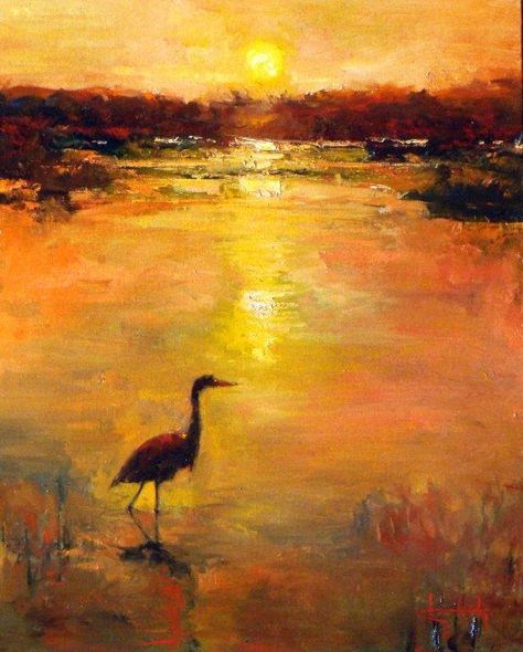 "Enjoying Sunset" by Stephen Shortridge Hitesh Durgani, Acrylic Painting Diy, Landscape Quilt, Watercolor Inspiration, Mellow Yellow, Painting Photos, Modern Artwork, Art Display, Bird Art