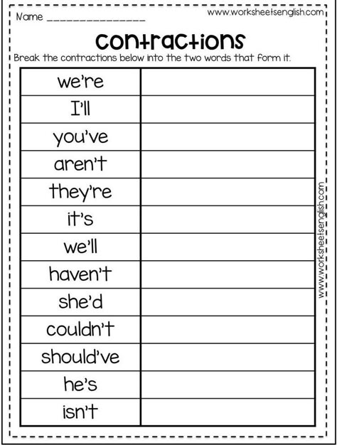 Second Grade English Worksheets, Contractions Worksheet, Second Grade English, Esl Classroom Ideas, Vocabulary Words Activities, 3rd Grade English, Fifth Grade Ela, Grade 3 English, 2nd Grade Learning