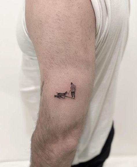 Small Dog Tattoo For Men, Mens Dog Tattoo, German Shepherd Small Tattoo, Minimalist German Shepherd Tattoo, Man And Dog Tattoo, Man Dog Tattoo, Tattoo German Shepherd Dog Line Art, Tattoo For Dog, German Shepherd Tattoo