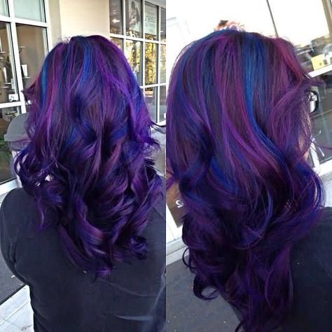 Purple with blue highlights Purple And Blue Hair, Blue Purple Hair, Balayage Blonde, Ombré Hair, Hair Color Purple, Bright Hair, Funky Hairstyles, Hair Color Blue, Hair Colours