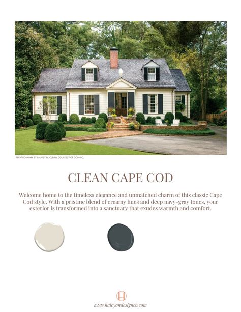 Are you enamored with the Cape Cod aesthetic but uncertain about achieving the look in your own space? Look no further! Our comprehensive guide provides you with precise Sherwin Williams paint colors endorsed by seasoned designers. Download your digital guide today and effortlessly bring the sought-after modern farmhouse vibe to your home. Image credit: Domino.  Transform your space with the expertise of Savannah Etzel, an NCIDQ-certified designer with over fifteen years in the design industry. Whether it's your home or business, Halcyon Studio ensures a perfect blend of style and functionality. Have inquiries or need additional e-design guidance? Connect with us at www.halcyondesignco.com. Your dream space is just a click away! Cape Cod Entryway Exterior, Classic Country Home Exterior, One Story Cape Cod House Exterior, Classic Exterior Paint Colors For House, Renovating Cape Cod Home, Contemporary Cape Cod House Exterior, Outside Home Renovation, Cape Cod House Colors, Cape Cod Style Exterior