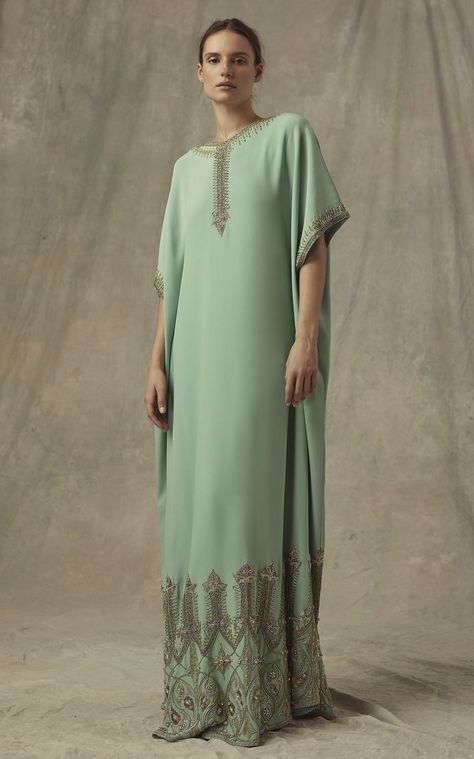 Cucculelli Shaheen Moda Exclusive Silk Gateway Caftan Fashion Long Dresses, Bubu Dress, Moroccan Wedding, Dress Stores Online, Fashion Materials, Gold Thread, Abaya Fashion, Fashion Elegant, Kaftan Dress