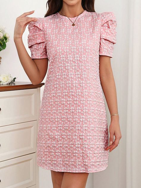 Short Sleeve Jacquard Lamb Leg Sleeve Summer Mini Dress, Round Neck Pink Casual  Short Sleeve Woven Fabric Plain Fitted Non-Stretch  Women Clothing, size features are:Bust: ,Length: ,Sleeve Length: Short Sleeve Coquette Dresses For Spring, Feminine Pink Short Sleeve Mini Dress, Pink Short Sleeve Mini Dress With Lace Trim, Pink Mini Dress With Lace Trim And Short Sleeve, Pink Kawaii Mini Dress With Short Sleeves, Lamb Leg, Preppy Dresses, Fashion Vocabulary, Leg Sleeves