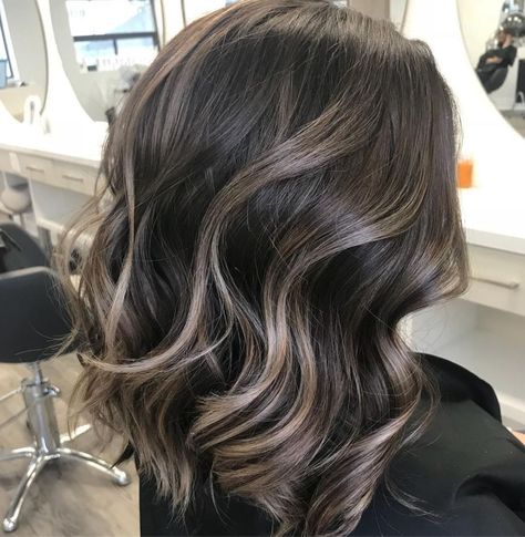 Silver Hair Highlights For Dark Hair Highlights Brown Hair Balayage, Grey Brown Hair, Silver Hair Highlights, Brunette Balayage, Balayage Blonde, Dark Hair With Highlights, Brunette Balayage Hair, Brown Hair Balayage, Brown Balayage