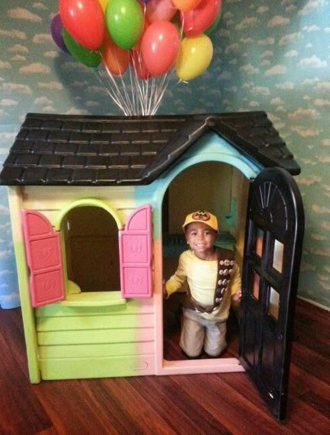 DIY Recycled little tykes play house turn Disney Pixar UP house for photo prop  at a  birthday party Disney Up Bedroom Ideas, Pixar Room Decor, Up Bedroom Disney, Pixar Up Nursery, Up Themed Nursery Pixar, Disney Theme Playroom, Disney Daycare Theme, Disney Themed Playroom, Pixar Playroom