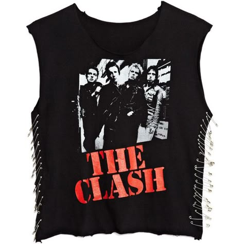 Sleevless Side Pin The Clash Tee ($585) ❤ liked on Polyvore featuring tops, shirts, tank tops, band tees and shirt tops Punk Rock Shirts, Punk Tank Top, Punk Tops, Band Tank Tops, Punk Shirt, Punk T Shirt, Outfit Png, Celebrity Design, Punk Outfits